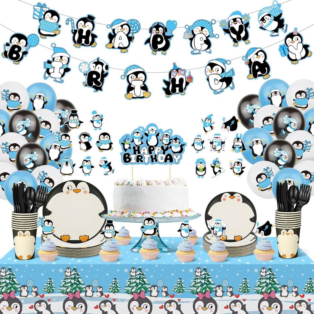 Yaomiao 133 Pcs Penguin Party Decorations Include Happy Penguin Birthday Banner Balloons Cake Topper Tablecloth Paper Plates Cups Cutlery for Baby Shower Party Supplies(Cool)