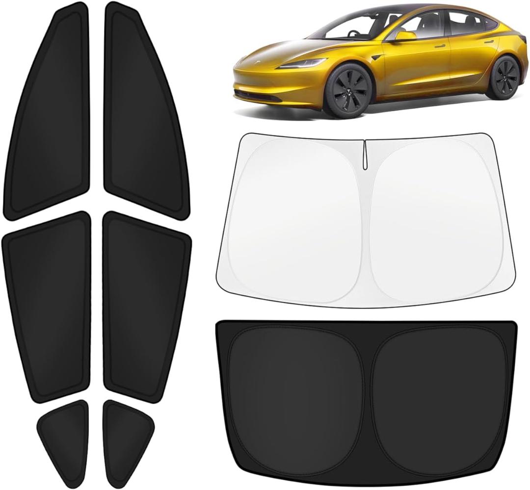 KUST Car Window Shades for Tesla Model 3 Highland 2024-2025 2026 Windshield Sun Shade Side Window Cover UV Block Privacy Protection Accessories for Camping Blackout Rear Back Full Set 8PCS