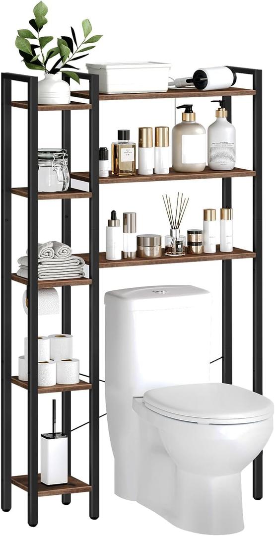 HOOBRO Over-The-Toilet Storage, 8-Tier Bathroom Organizer Over Toilet with Toilet Paper Holder, Freestanding Space Saver, Side Storage Open Shelf, Laundry, Rustic Brown and Black BF86TS01