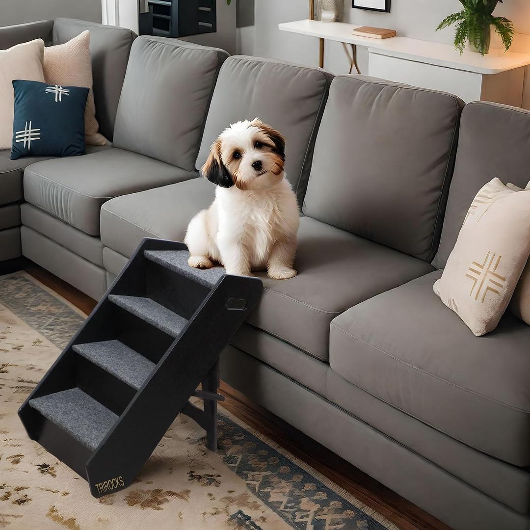 TRIROCKS Wood Pet Stairs Non-Slip Pet Steps - Foldable 4 Levels Dog Stairs & Ramp Perfect for Beds and Cars - Portable Dog/Cat Ladder Up to 130 Pounds