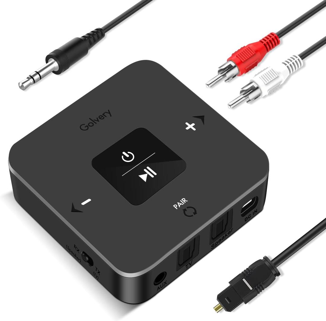 Golvery Bluetooth 5.0 Transmitter Receiver for TV Airplane, 2 in 1 Bluetooth Adapter for PC/DVD/MP3/Home Stereo/Speaker/Gym, Optical/RCA/AUX Connection, 25 Hours Playtime, Dual Link, Volume Control