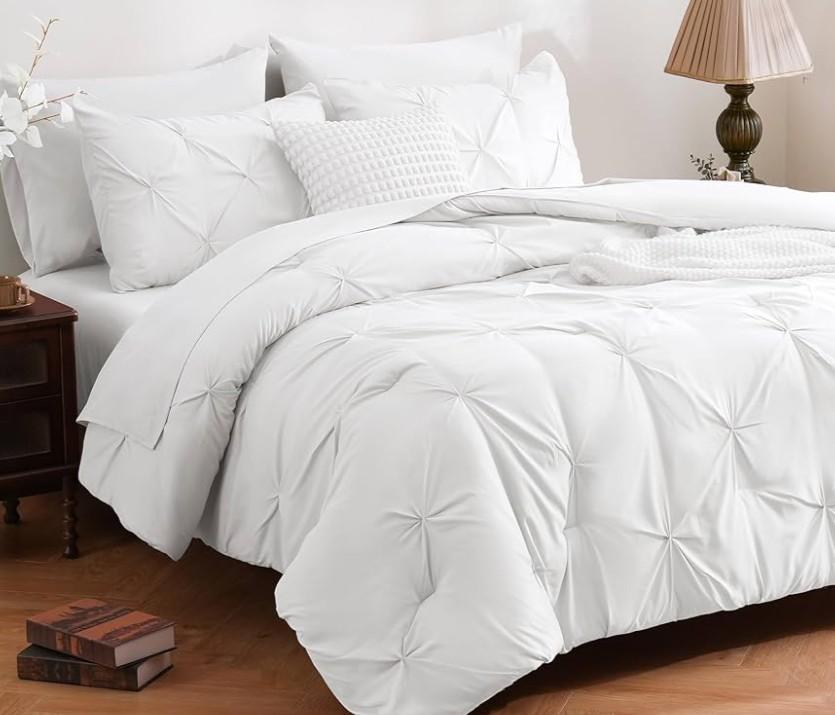 DOWNCOOL 7 Pcs White Pintuck Pinch Pleat Bed in a Bag, Soft Microfiber All Season Bedding Set for Bedroom with Sheets, Pillowcases & Shams, Size Queen