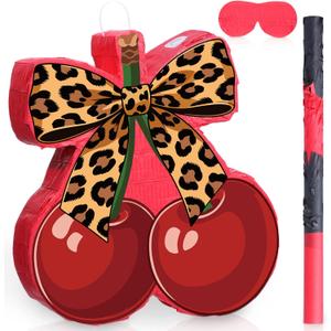 VioraWhite Cherry Leopard Print Piata Set Cherry Cheetah Piata Game with Blindfold Hitting Stick Cheetah Print Red Black Party Theme Decoration for Bachelorette Jungle Animals Women Party Supplies
