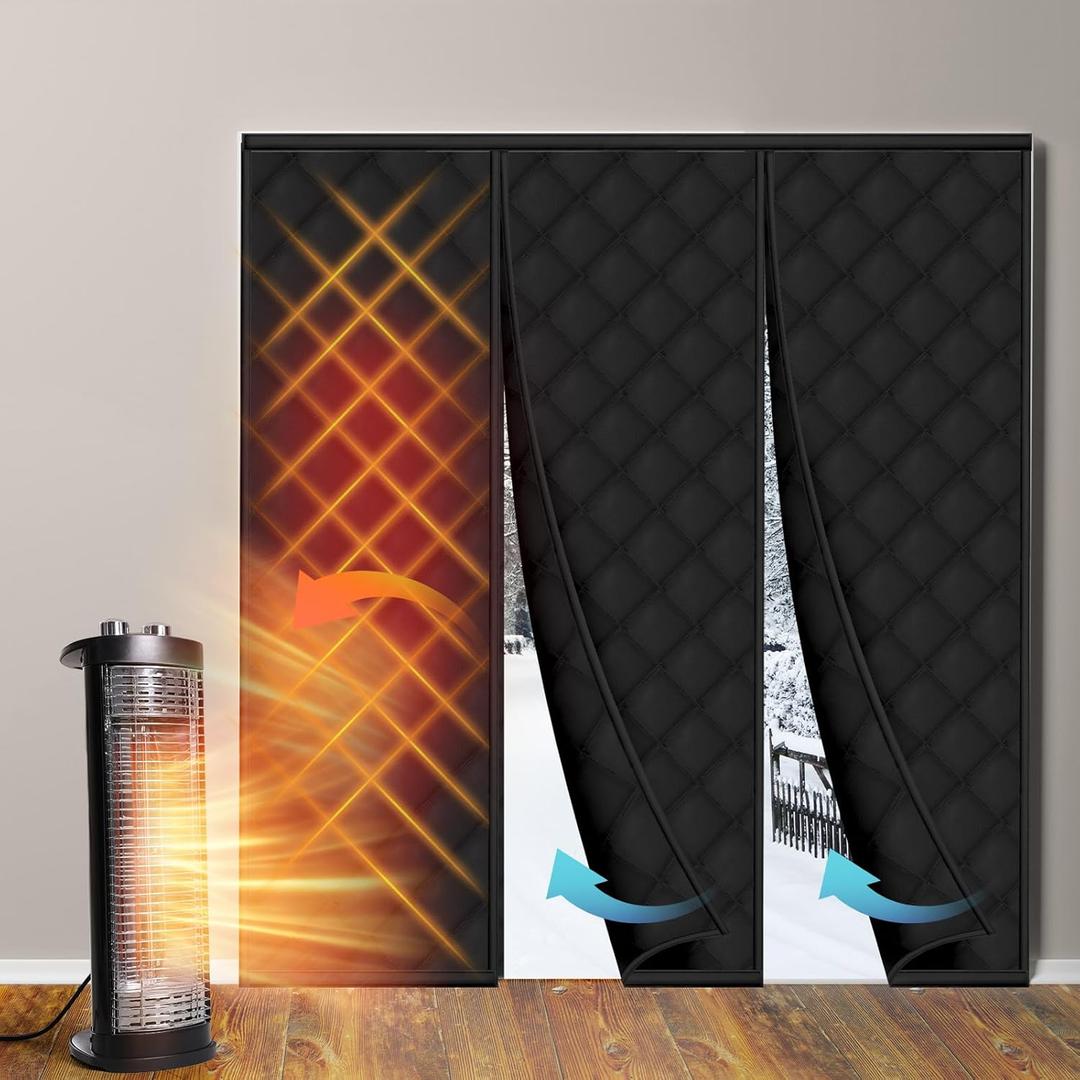 Reallnaive Magnetic Thermal Insulated Door Curtain Fit 72"x80" Door, Curtain Itself Size 74"x81", Thicken Made of Oxford and Cotton Insulated Cover for Winter Sliding, Patio, Black, Minimalism