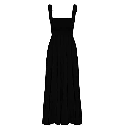 kinstell Women's Summer Boho Spaghetti Strap Square Neck Ruffle Casual Flowy Long Dress Beach Swing Party Maxi Dress Blackj S
