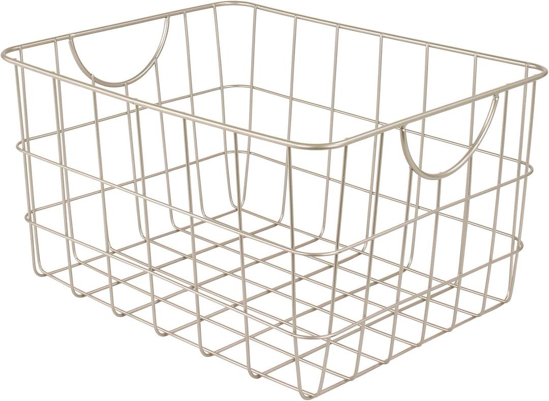 Spectrum Utility Wire Baskets for Organizing - Sturdy Steel Metal Basket Storage Organizer Bin with Handle - Open Wire Storage Baskets for Kitchen Pantry, Cabinets, Closet & Garage Shelves (Satin Nickel PC)