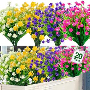 TURNMEON 20 Bundles Artificial Flowers for Outdoors Fake Plants Summer Decor, UV Resistant Artificial Plants Cemetery Fake Flowers Faux Plastic Greenery Shrubs for Home Porch Decor 580 Heads(Color)