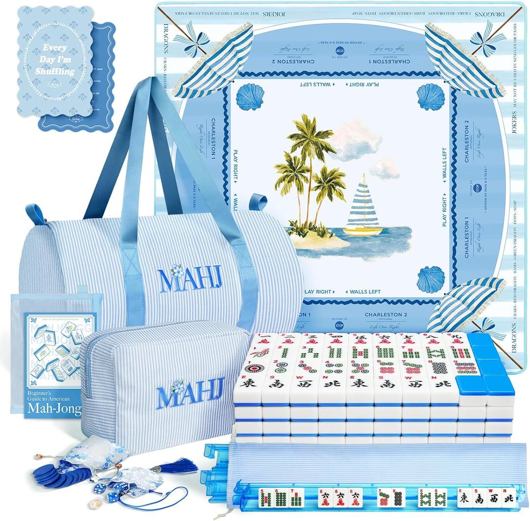 Complete American Mahjong Set with 166 Tiles, Quiet Mahjong Mat, 4 Racks with Pushers, Dice, Chips, Storage Bags & Instruction, Portable Mahjong Game for Travel, Family Game Night & Gifts(Coastal), 1.14 x 0.87 x 0.55 inches