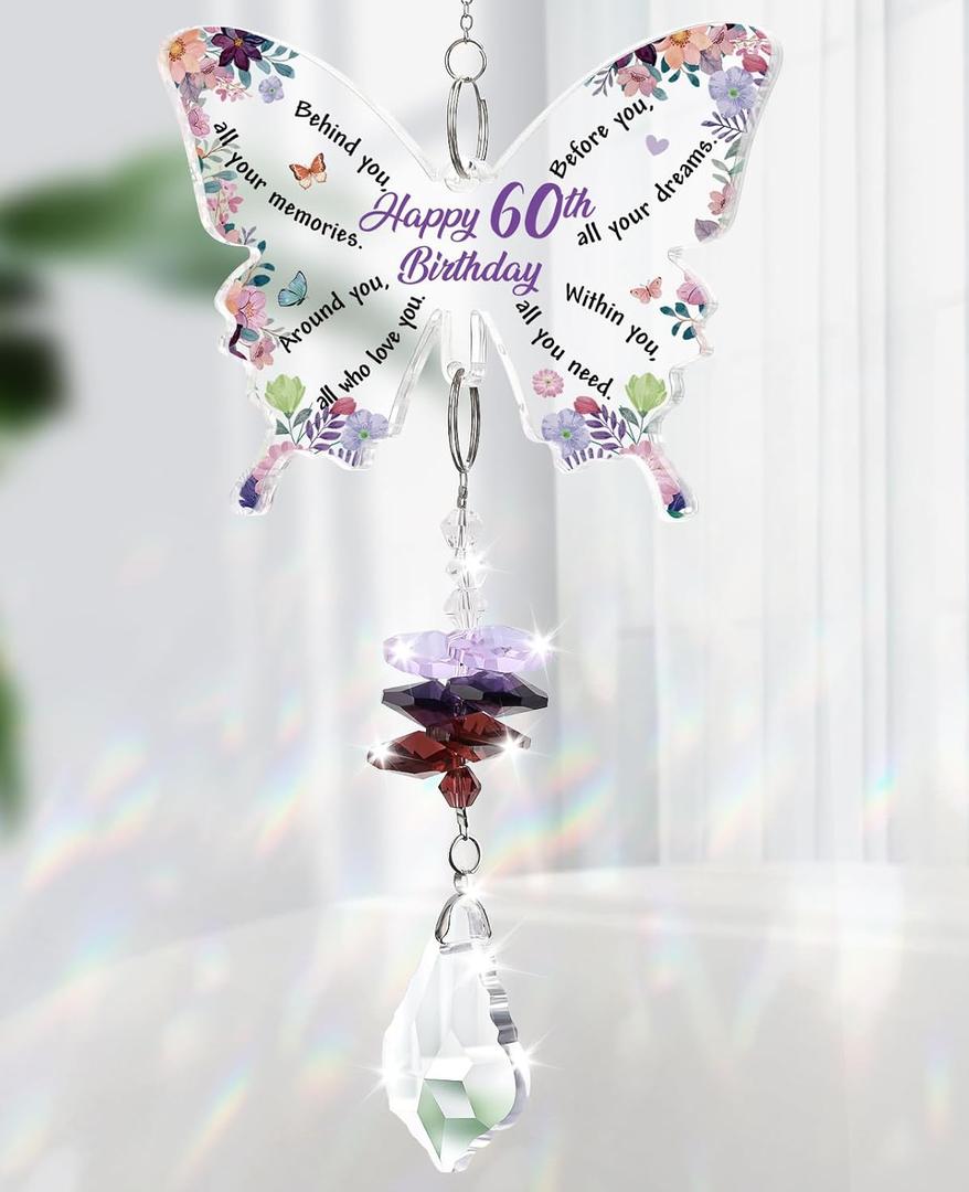 Funnli 60th Birthday Gifts for Women Crystal Suncatcher, 60th Birthday Decorations for Woman, 60 Year Old Bday Gift for Friends Sister Mom Grandma Window Hangings Home Decoration