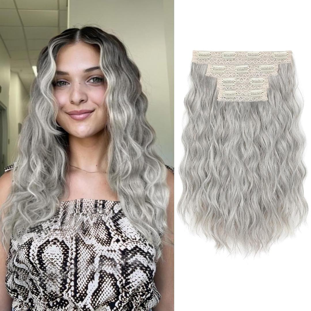 REECHO Clip in Hair Extensions, 4PCS 14" Short Wavy Hair Extensions Invisible Lace Weft Natural Soft Hairpieces for Women Silver Grey