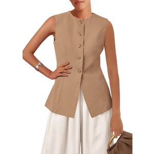 KIRUNDO Blazer Vest for Women Trendy 2025 Dressy Business Casual Summer Button Down Sleeveless Work Suit Waistcoat Tops (Medium, Khaki) KIRUNDO Blazer Vest for Women Trendy 2025 Dressy Business Casual Summer Button Down Sleeveless Work Suit Waistcoat Tops (Medium, Khaki)