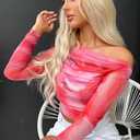 Women’s Pink Mesh Long Sleeve Bodysuit, Sheer Ruched Top with Tie-Dye Style Print, Size XS