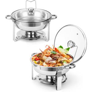 Garvee Chafing Dishes for Buffet, 5QT Buffet Servers and Warmers Set of 2, Round Chafing Dishes with Glass Lid, Stainless Steel Food Warmers for Parties, Catering Supplies for Wedding, Banquet, Silver