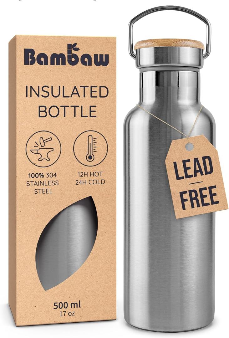 Bambaw Metal Insulated Water Bottle 16 oz, Stainless Steel Water Bottle Insulated, Reusable, Keeps Drinks Cold for 24h Cold & Hot for 12h, With Wide Mouth That Fits Tea Balls (Natural Steel)