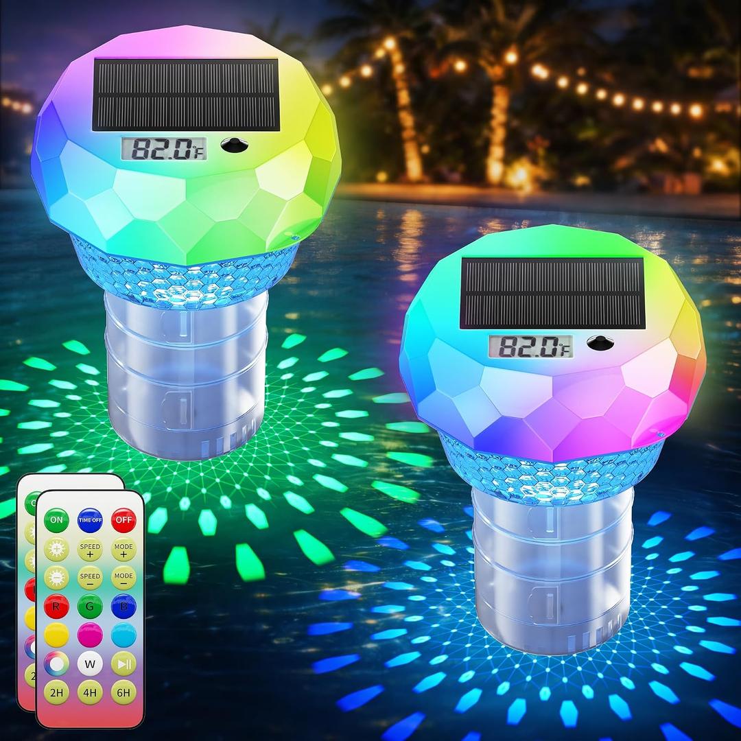 Ketom Solar Pool Chlorine Floater with Thermometer - Remote Control Floating Chlorine Dispenser with RGB Waterproof Pool Light Chlorine Tablet Floater 3 inch for Outdoor Swimming Hot Tub Spa 2 Pieces