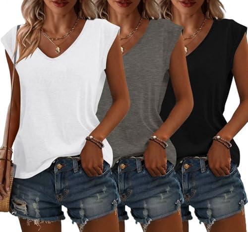 Bliwov 3 Pack Womens Cap Sleeve Tops V Neck T Shirts Spring Summer Casual Plus Size Beach Vacation Fashion Basics Tee Clothes, Large, (Grey+black+white)