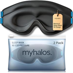 MyHalos Sleep Mask 3D Blackout Eye Mask for Women & Men, Side Sleepers, Zero Pressure Memory Foam Eyelash Friendly, Breathable,Award-Winning Sleep Aid for Travel (Black, 1 Count (Pack of 2))