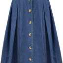 Pleated A-line Midi Skirt Elastic Waist Button Front Casual Flared Long Skirts with Pocket for Women (Denim(dark Blue)) S