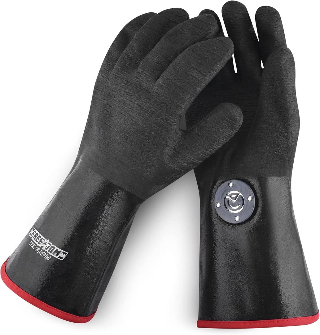 Freedom BBQ Gloves 932F Heat Rated Magnetic EZ On Off Safety Clips Waterproof for Grills Smokers Fryers Ovens (14")