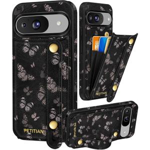 Petitian for Google Pixel 9Pro/9 Case with Wallet - Women Girls Cute Girly Aesthetic Unique Design Leather Credit Card Holder Cardholder Stand Wristband for Pixel 9Pro/9, Black Butterfly