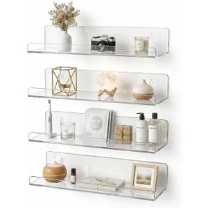 4-Pack Clear Acrylic Floating Shelves, Space-Saving Invisible Wall Shelves for Bathroom Kitchen Office Living Room, Modern Decor Set