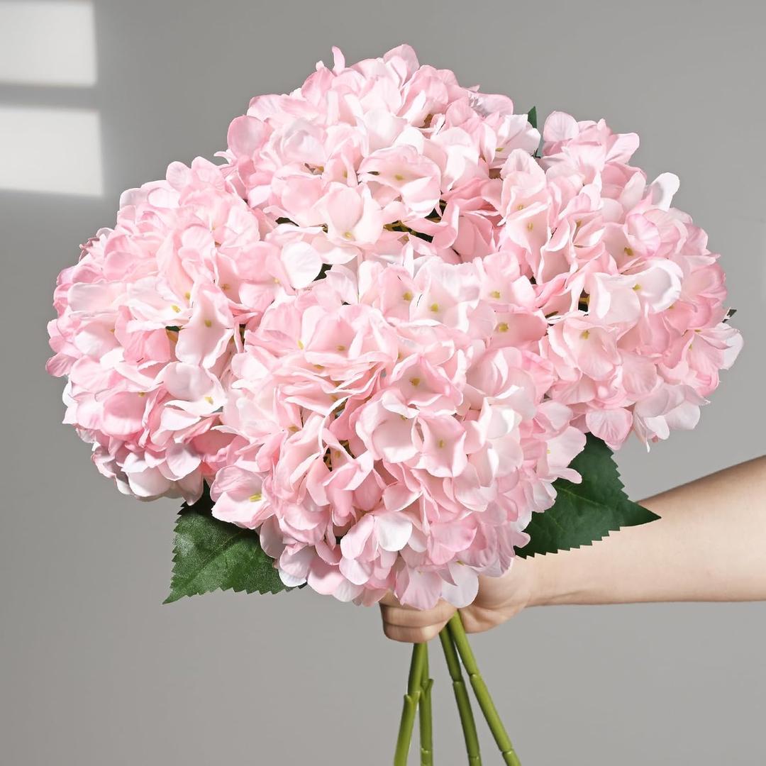 BLEUM CADE 4 Pcs Pink Hydrangea Artificial Flowers with Realistic Stems, 18In Large Fake Pink Flowers, Faux Flower for Home Party Decor Outdoor Wedding Bouquets Table Centerpieces Decoration