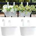 10" Hanging Flower Pots, Pack of 2 White Metal Outdoor Patio Balcony Planter, Railing Planters Fence Pot with Detachable Hook & Drainage Hole for Small Plants (White, 2Pcs)