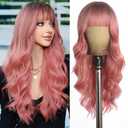 Pink Wig With Bangs, Long Curly Wavy Wig For Women, Powder Pink Wig With Natural Black Roots, Skin-Friendly Synthetic Fibers, Festival And Holiday Use, 26 In