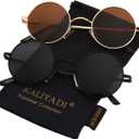 KALIYADI Round Polarized Sunglasses for Men Women Retro Metal Hippie Circle Style Sun Glasses UV Protection (B14-black Frame Black Lens + Golden Frame Brown Lens)