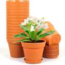 Meowell 6 inch Plastic Nursery Pots, 16 Pack Plant Pots for Indoor Outdoor Plants, Flower Pots with Drainage Holes and Saucers, Decorative Seedling Starter Planters for House Plants, Terracotta