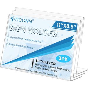 TICONN 11 x 8.5 Acrylic Sign Holder, L Shape Clear Sign Stand for Displaying, Plastic Paper Holder for Office, Store, Restaurant (Horizontal 3 Pack)