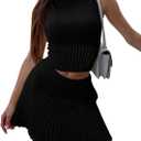 Saodimallsu Womens 2 Piece Skirt Sets Sleeveless Knit Crop Top Mini Skirt Summer Two Piece Outfits Sweater Sets (Black, S)