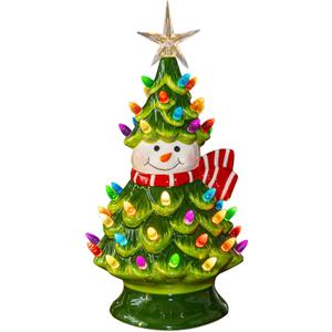 FUNPENY 11" Ceramic Christmas Tree, Pre-lit Battery Operated Vintage Tabletop Snowman Tree Ornaments with 50 Multicolored Lights, Christmas Table Decorations for Xmas Indoor Desk Centerpiece Decor
