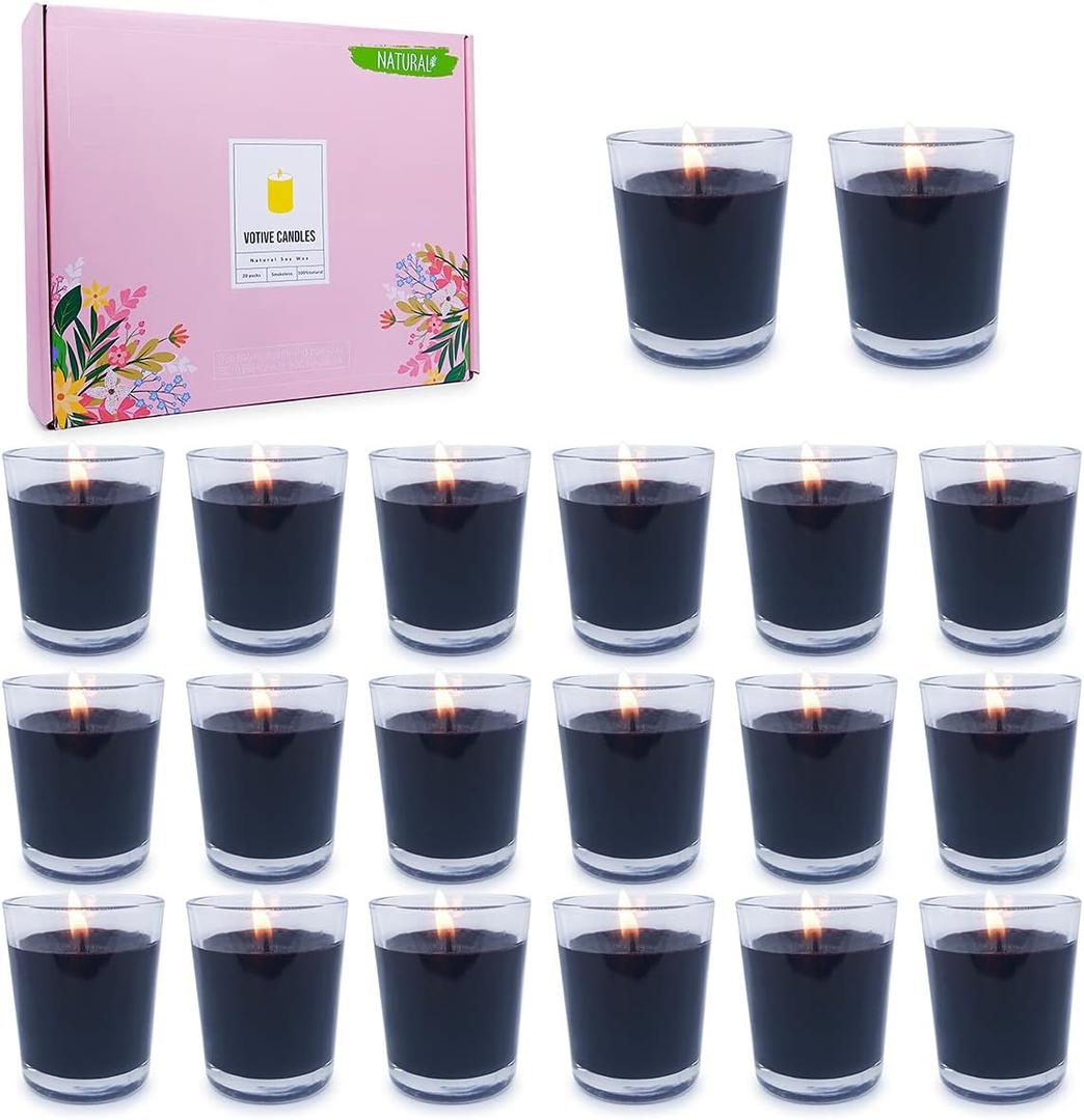 20 Packs Black Votive Candles with Clear Glass Holder, 1.8 Oz Unscented Soy Wax Candle for Home Decoration, Candle Gifts for Christmas Thanksgiving Halloween, 20 Pack of 1.8oz