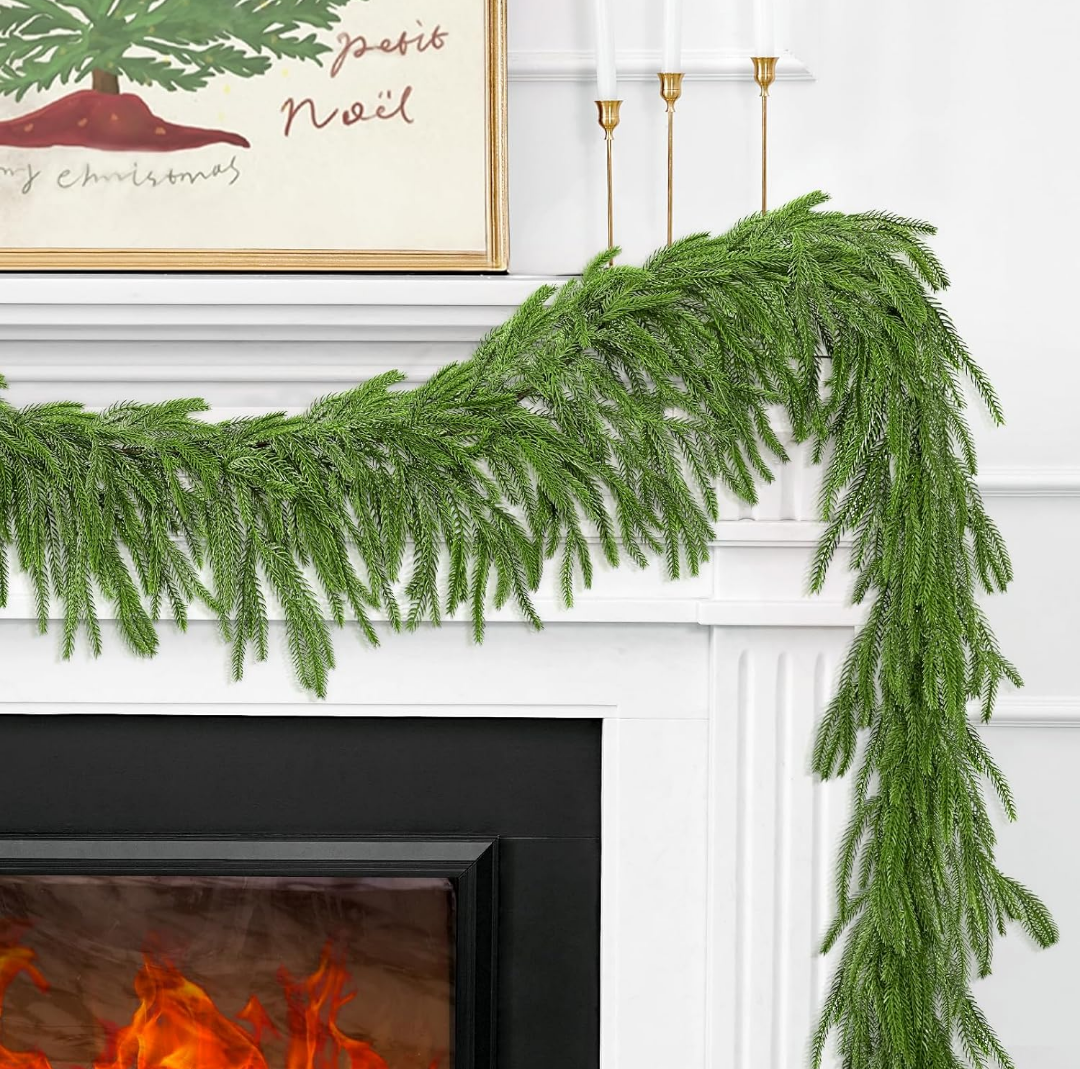 2 Pcs 9FT Christmas Norfolk Pine Garland,Realistic Cedar Garland Artificial Pine Cypress Vines,Greenery Garlands for Holiday Xmas Indoor Mantle Decor