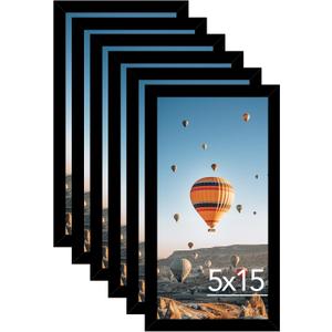 5x15 Black Picture Frame Set of 6, Horizontal and Vertical Formats for Wall Hanging, 5 x 15 Wall Gallery Poster Photo Frames with Shatter Resistant Plexiglass, 6 Pack, Black