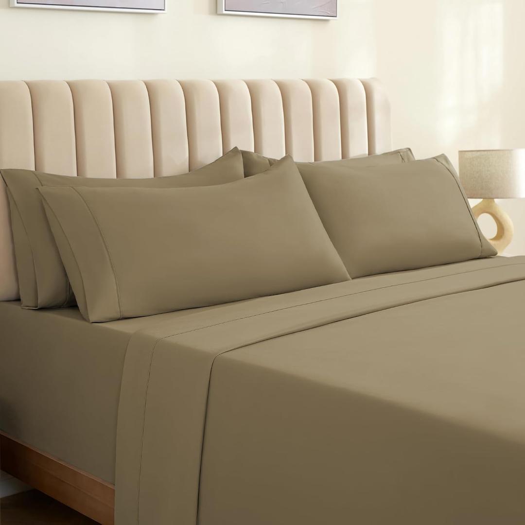 LuxClub 6 PC Queen Sheet Set, Breathable Luxury Bed Sheets, Deep Pockets 18" Eco Friendly Wrinkle Free Cooling Sheets Machine Washable Hotel Bedding Silky Soft - Taupe Queen