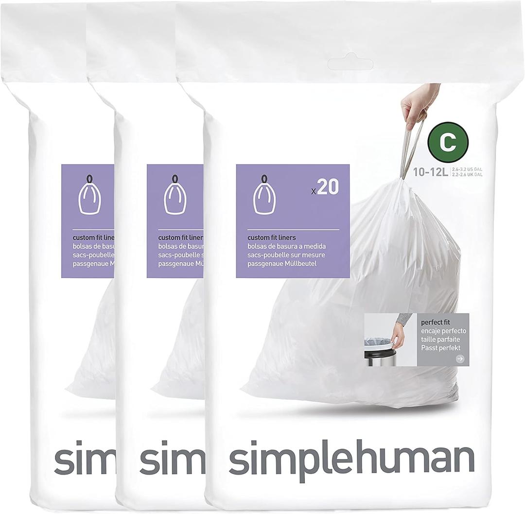 simplehuman Code C 60 Count, Dispenser Pack Custom Fit Liners, Drawstring Trash Bags, 10-12 Liter / 2.6-3.2 Gallon, White