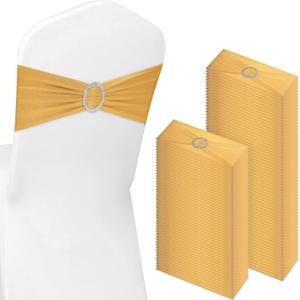 CHENGU 150 Pieces Spandex Stretch Chair Sashes Bows Elastic Chair Cover Bands Ties with Buckle Slider for Wedding Party Reception Events Universal Ceremony Banquet Decorations(Gold)