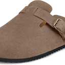 Womens Suede Clogs Mens Genuine Leather Mules Cork Footbed Sandals with Arch Support (Dark Brown), 48
