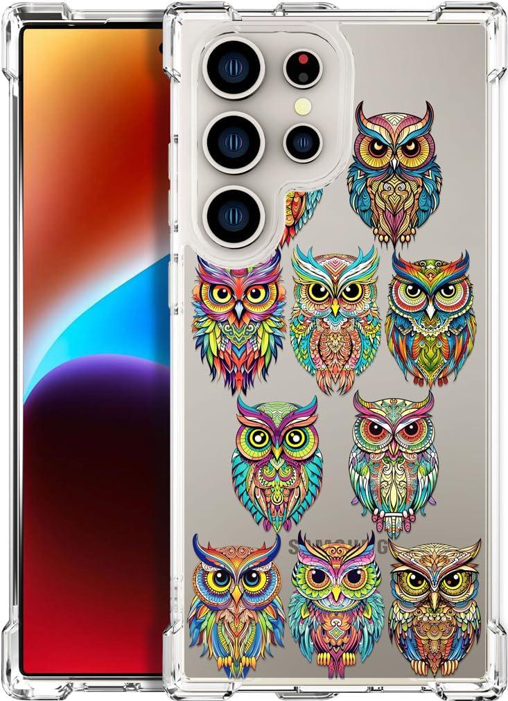 Compatible with Samsung Galaxy S24 Ultra Cases with Design, Cute Transparent Designer Phone Case for Women Girls Girly with Heavy Duty Protective Bumper (Clear Owls Cartoon Animals)