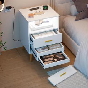 LVSOMT Night Stand with Gun Drawer, Charging Bedside Table with USB & Type-C Port, LED Nightstand with Human Sensor Light, Modern End Table with Drawers for Bedroom, White