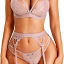 RSLOVE Women Lingerie Sets with Garter Belt 3 Piece Lace Teddy Babydoll Bodysuit (Medium, Deep Pink)