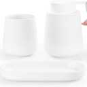 BosilunLife White Bathroom Accessory Set - 3 pcs Ceramic Bathroom Soap Dispenser Set Farmhouse Bathroom Decor Sets Accessories, Soap Dispenser and Toothbrush Holder, Tray (White Set - Liquid Pump)