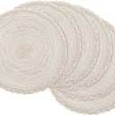 6 x SHACOS Round Placemats Set of 6 Boho Braided Bordered Place Mats 15 inch for Dining Tables Wedding Holiday Party (Ivory Bordered, 6)
