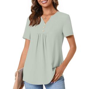 Anydeer Womens Short Sleeve Summer Tunic Tops Dressy Chiffon Blouse Henley Shirts 2025 Casual Pullover (Green, M)