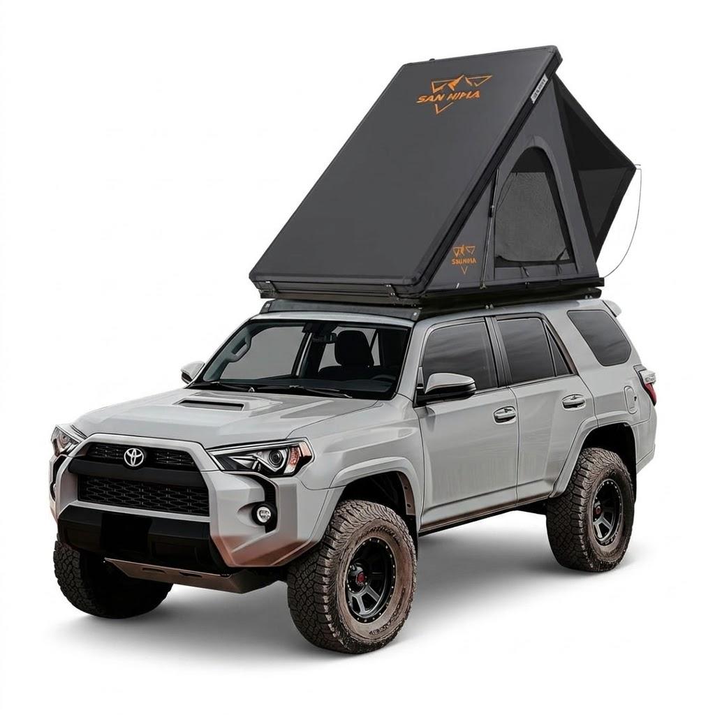 Sanhima Rooftop Tent Hard Shell - Hotham Lite Overland Aluminium Roof Top Tent 4.56" Slimline, w/Tri-Color LED Strip Light & 1.97 Thick Mattress, for Car SUV Truck Camping, 2-3 People (Gray)