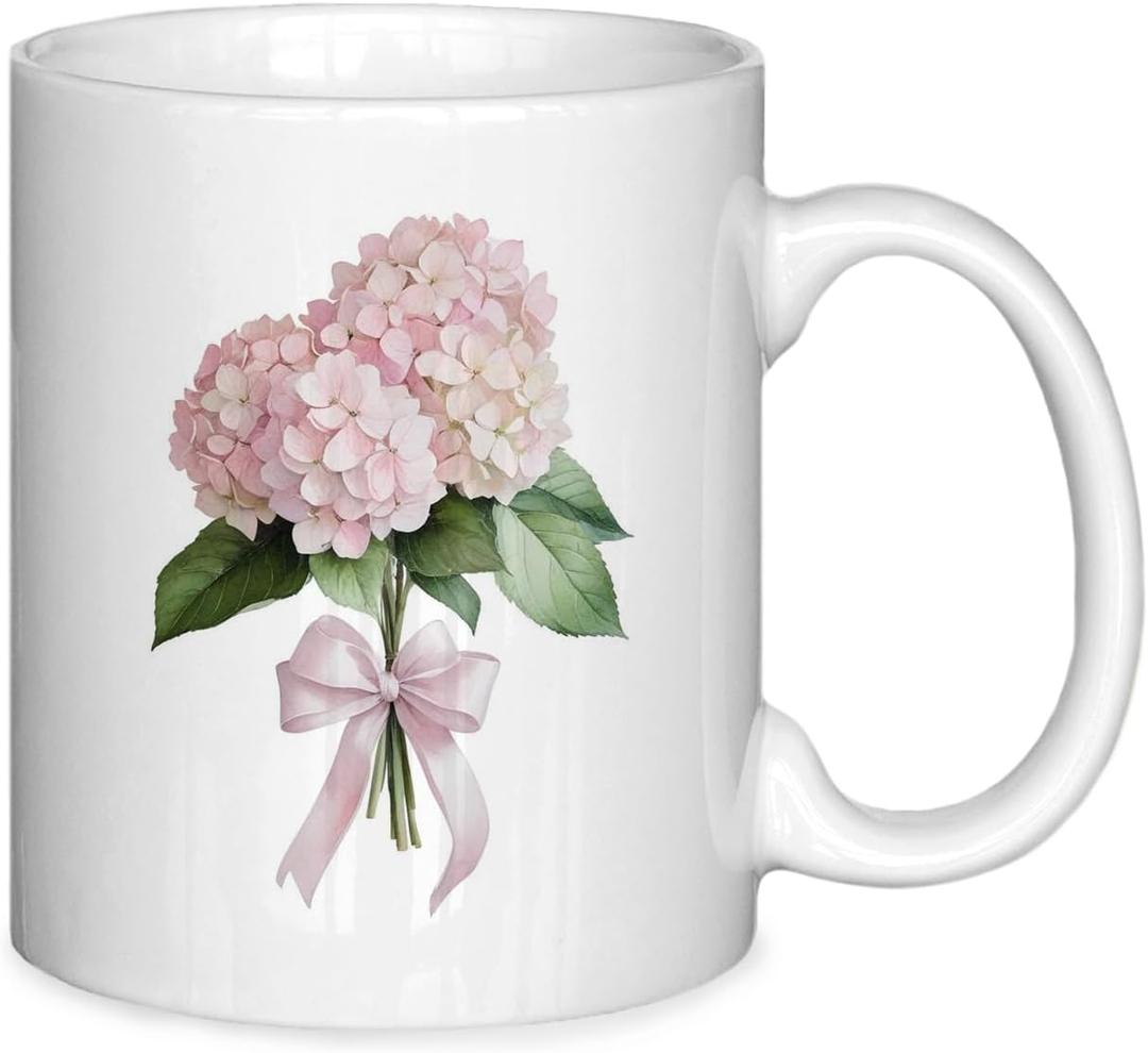 Coquette Pink Bow Hydrangea Spring Floral Porcelain Mug, Pretty Plant Lady Coffee Cup Mugs Gifts for Women, Summer Ceramic 11 oz Coffee Mug Cups