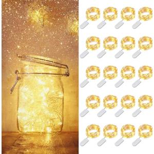 MUMUXI 20 Pack 3.3ft Fairy Lights Battery Operated String Lights, Mini LEDs Powered, Waterproof Indoor Silver Wire Firefly Mason Jars, Warm White for Home Decor, Parties, and Weddings (Silver Wire Warm White)