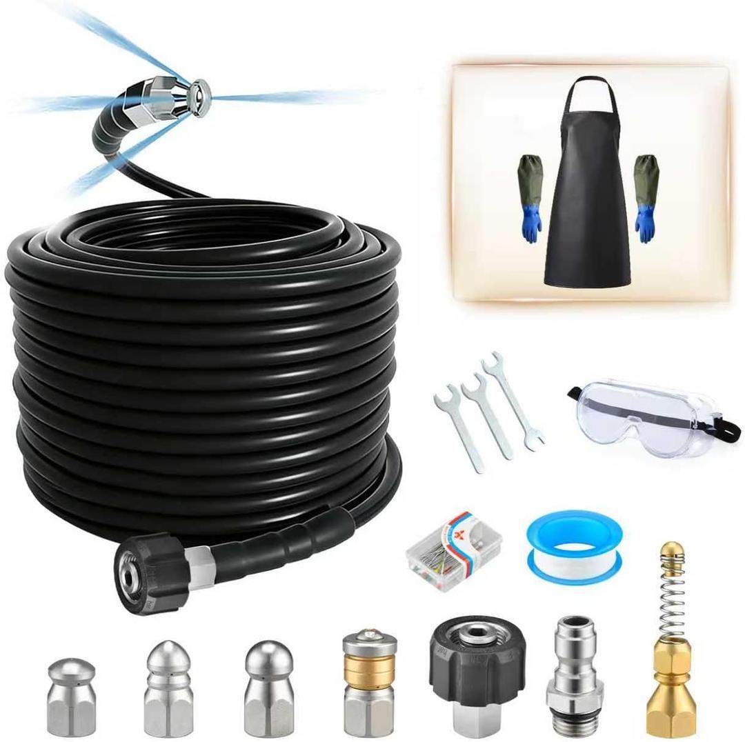 100FT Sewer Jetter Kit for Pressure Washer,1/4 Inch NPT Sewer Jetting Hose,Pressure Washer Drain Cleaner Hose 5800PSI with Sewer Jetter Nozzles, Gloves, Waterproof Tape, Apron (100FT)